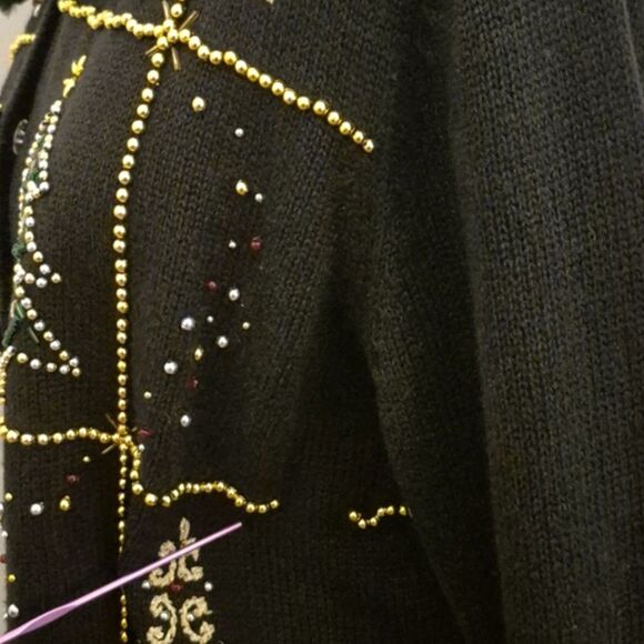 Vintage Studio Joy Holiday Sweater XL Button Front Embellished Faux Fur Collar - Picture 8 of 11